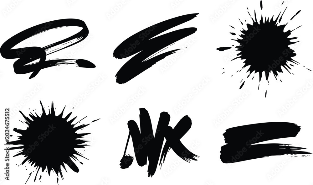 Fototapeta premium Black ink brush strokes, grunge splatters, abstract artistic elements, vector graphics