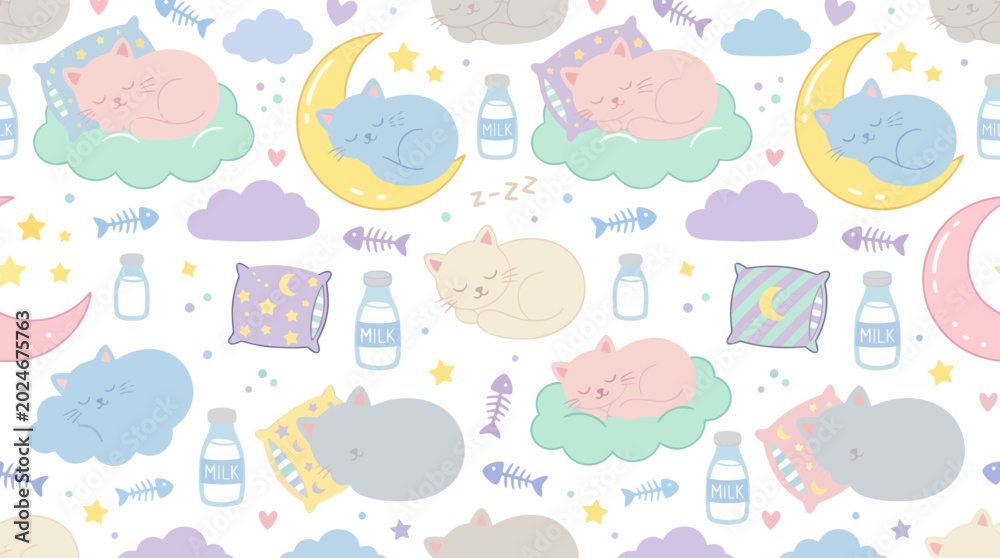 Naklejka premium Cute Seamless Pattern of Sleeping Cats, Moon, Stars, Clouds, Milk Bottles, Pillows, Fish Bones, Vector Art