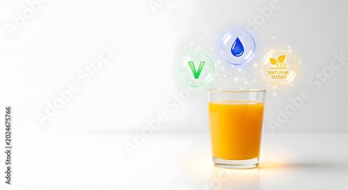 Fresh orange juice in glass with water droplet splash and eco-friendly icons on white background for healthy lifestyle