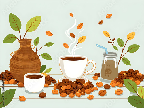 Coffee cup with beans and leaves illustration