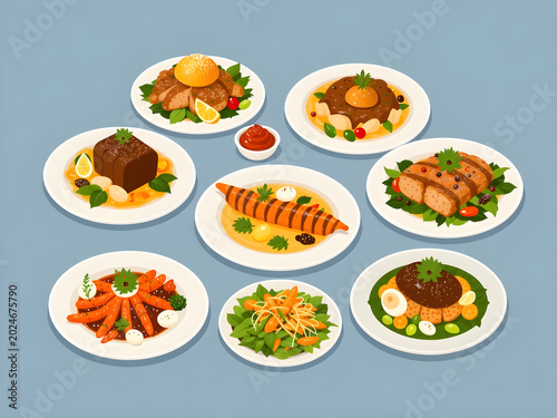 Assorted gourmet food dishes illustration set