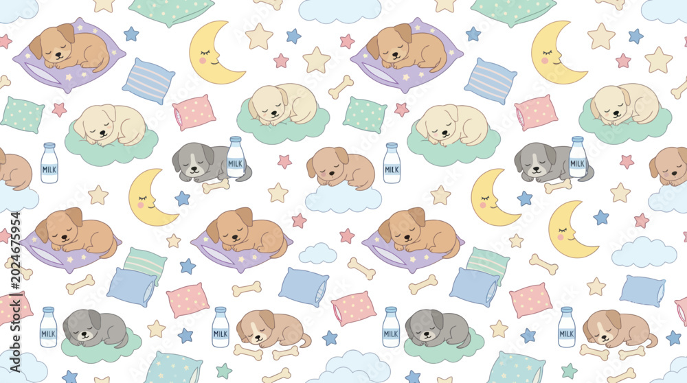 Fototapeta premium Cute Sleeping Puppies Seamless Pattern Flat Vector Illustration for Children's Nursery and Pet Themes