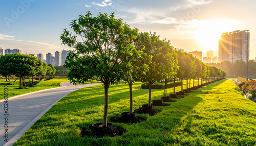 Freshly delivered ornamental trees line modern city park at sunset, ready for replanting, with lush green grass, urban skyline, and peaceful atmosphere