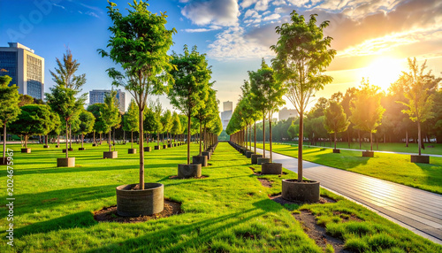 Young ornamental tree city park green grass sunlight modern urban landscape replanting project fresh air summer blue sky peaceful atmosphere morning