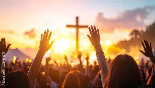 Crowd hand silhouette worship concert outdoor twilight glowing cross sunset people praise music festival spiritual faith celebration evening sky light joyful unity festival event gathering hope