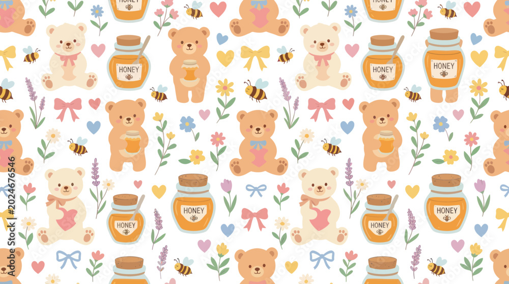 Fototapeta premium Adorable Kids and Baby Flat Vector Seamless Pattern with Teddy Bears, Honey, Bees, and Flowers