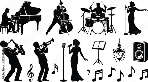 Canvas Print Jazz music band silhouette icons vector instruments set