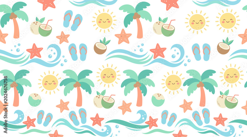 Naklejka premium Cute Summer Beach Pattern: Palm Trees, Sun, Coconuts, Flip-flops - Flat Vector