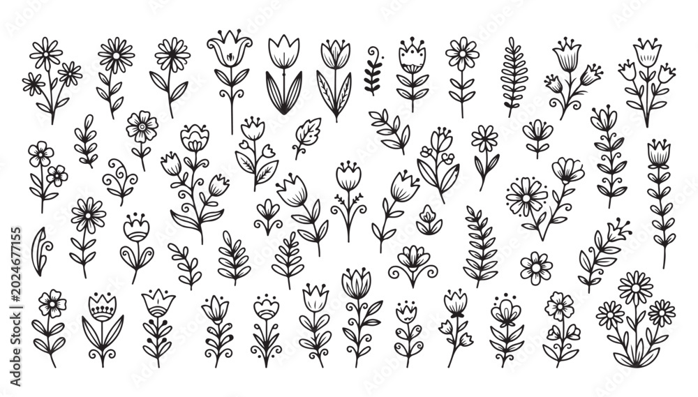 Fototapeta premium Set of hand drawn flowers and leaves doodle collection for creative design projects