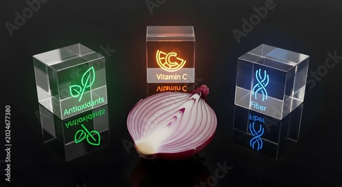 3D Render Vitamin C Antioxidant Supplements with Garlic and Amla for Immune Health Glowing Neon Effect