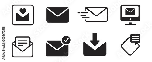 Fotografia Minimal Envelope Icon Set, Mail Letter Outgoing Incoming Symbols With Heart Check Download Celebration Concepts, Modern Vector Illustration AI EPS JPEG PNG For Communication Design