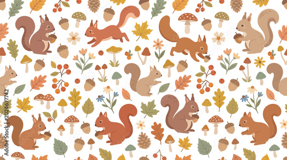 Fototapeta premium Cute Autumn Squirrels and Mushrooms Seamless Pattern - Flat Vector Illustration