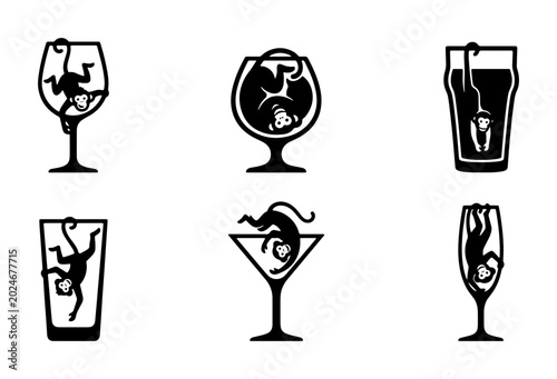 Photography Playful Monkey Icons in Drinkware, Silhouette Vector Graphics for Bar and Bevera