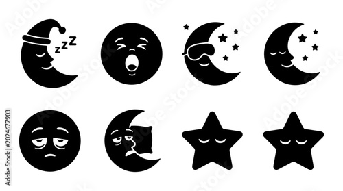 Obraz na płótnie Sleepy Moon and Star Icons, Nocturnal Celestial Faces, Dreaming Night Elements,