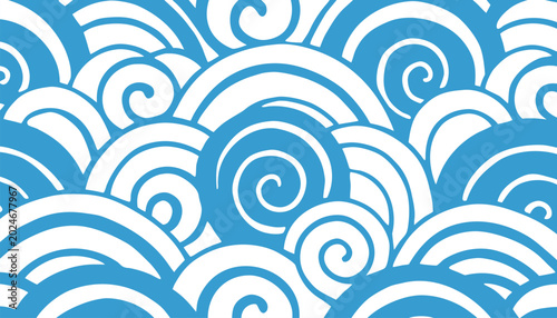 Traditional Blue Japanese Wave and Oriental Seigaiha Pattern