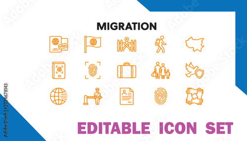Foto Migration icon set with migration passport document suitcase transport crossing