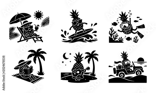 Tableau sur toile Whimsical Pineapple Character Set, Tropical Summer Vacation Vibes, Beach Relaxat