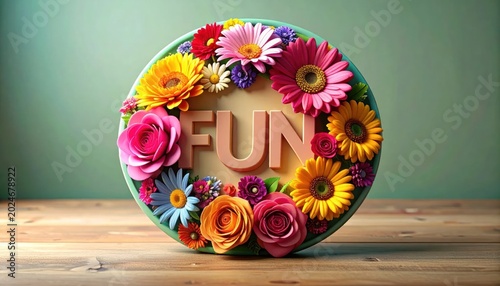 Vibrant Floral Wreath with the Word FUN at its Center.