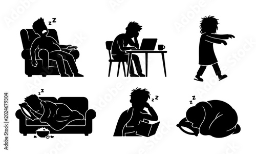 Tableau sur toile Sleepy People Silhouettes, Exhausted Figures in Various Poses, Vector Icons for