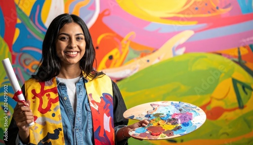 Young Woman Artist Smiling Holding Paint Palette and Brush in Front of Colorful Abstract Mural.