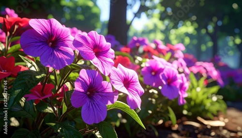 Vibrant Purple Flowers Blooming in a Sunlit Garden.