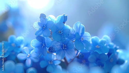 Close-up Macro Shot of Delicate Blue Forget-Me-Not Flowers in Soft Sunlight.