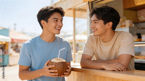 Two men smiling with coconut drink