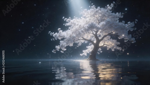 Blossoming tree in starry night