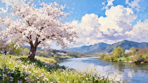 Blooming tree by river with mountains