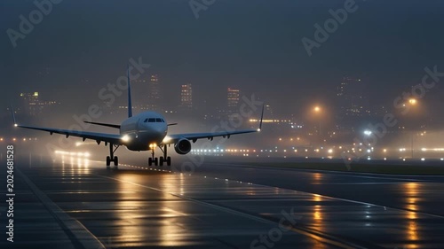 Airplane taxiing on a wet airport runway at night with city lights in the background and foggy conditions.