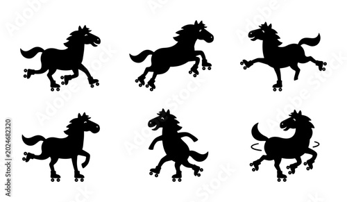 Bild auf Leinwand Six Silhouette Horse Poses, Dynamic Equine Motion Vector Set, Galloping Stallion