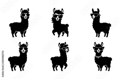 Schilderij op canvas Set of 6 Black Silhouette Llamas Wearing Sunglasses, Vector Icons for Animal Lov