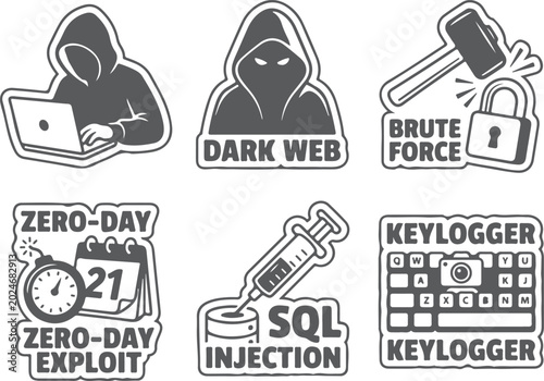 Foto Cybersecurity icons illustrating hacking, dark web, brute force, zero-day, and keylogger threats