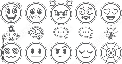 Tableau sur toile Emotions faces and icons, mental state and feelings set with meditation and brain symbols