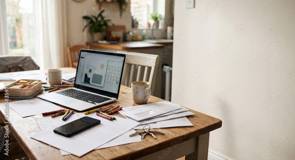 Fototapeta premium Messy kitchen table desk showing work life balance stress