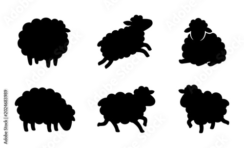 Photography Black Sheep Silhouettes Set, Farm Animal Vector Icons, Fluffy Livestock Poses, R