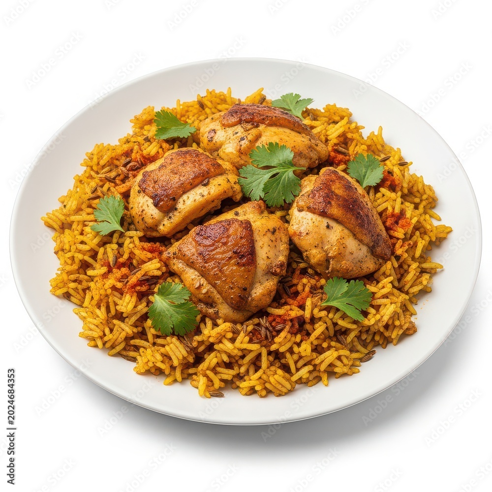 Fototapeta premium Chicken and rice dish with cilantro garnish food meal