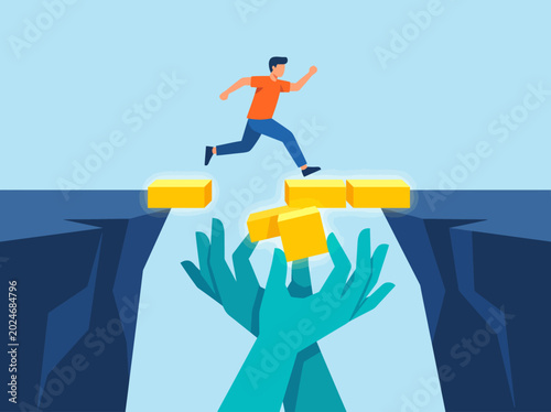Canvas Print A striking illustration depicting a person running and leaping over a gap, symbolizing courage, ambition, and the challenge of overcoming obstacles in pursuit of success