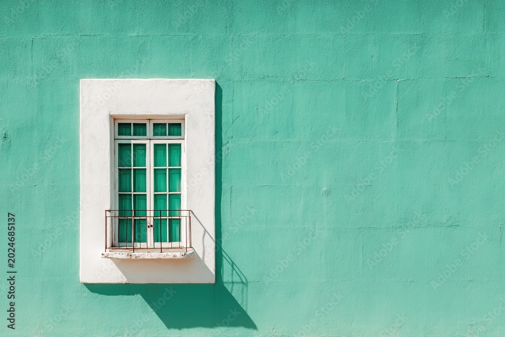 Obraz premium White-framed window with green glass panes set against a vibrant turquoise wall, featuring a small balcony and distinct shadows cast by sunlight