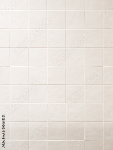 Glossy white ceramic tile wall with square grid pattern, soft reflections and clean minimal aesthetic background, ideal for interior design, bathroom or modern backdrop.