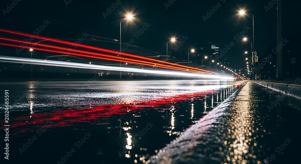Fototapeta premium Abstract light trails illuminate a wet city street at night with reflections on the asphalt