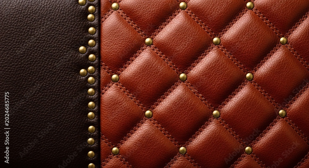 Fototapeta premium Closeup texture of rich brown leather upholstery with diamond tufting and brass stud detailing