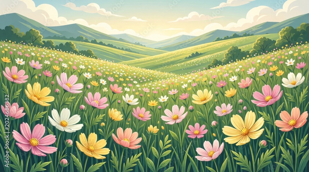 Obraz premium Wildflower meadow stretching across rolling hills at sunrise
