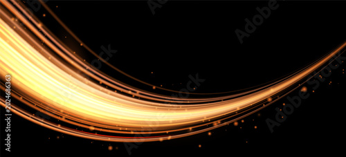 Dynamic light beams, glowing neon trails with golden energy effects. Abstract waves shine bright on dark background with futuristic motion and sparkle.Abstract background, vector illustration.
