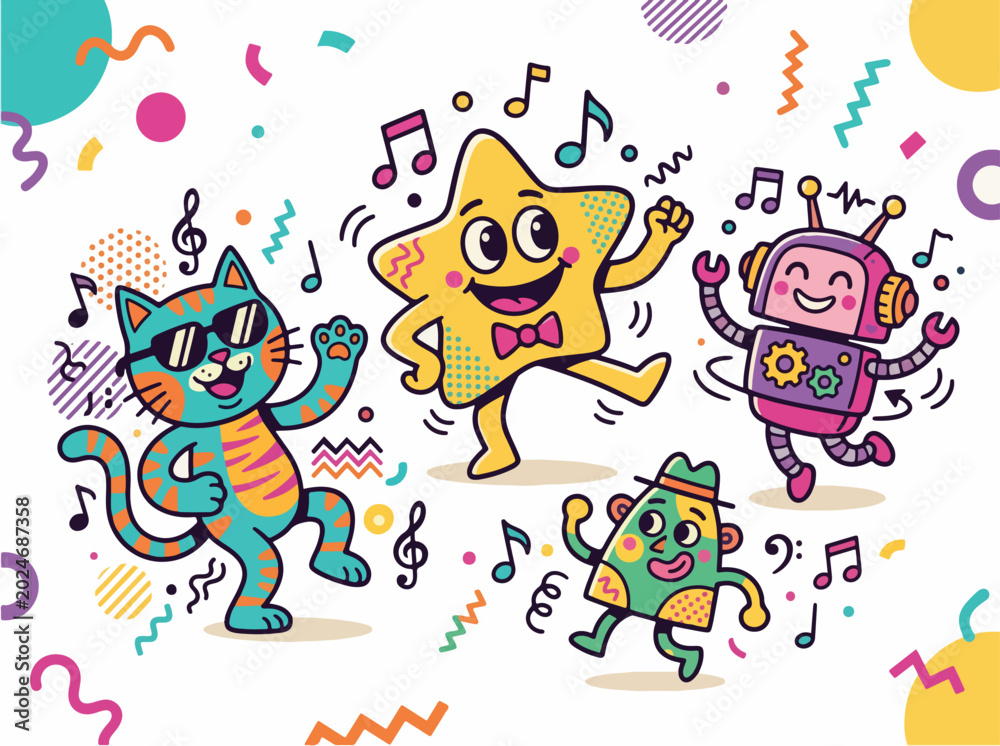 Fototapeta premium Retro cartoon mascots with playful expressions, Memphis style vector illustration, colorful abstract characters dancing with music notes, thick outlines, flat simple design, plain light background, mi