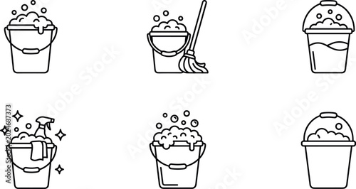 Fotografie Cleaning Bucket and Mop Icon Set with Housekeeping Supplies, Hygiene Equipment,