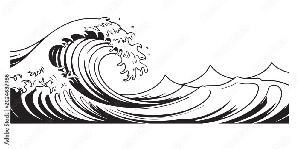 Fototapeta premium Powerful ocean wave black and white illustration