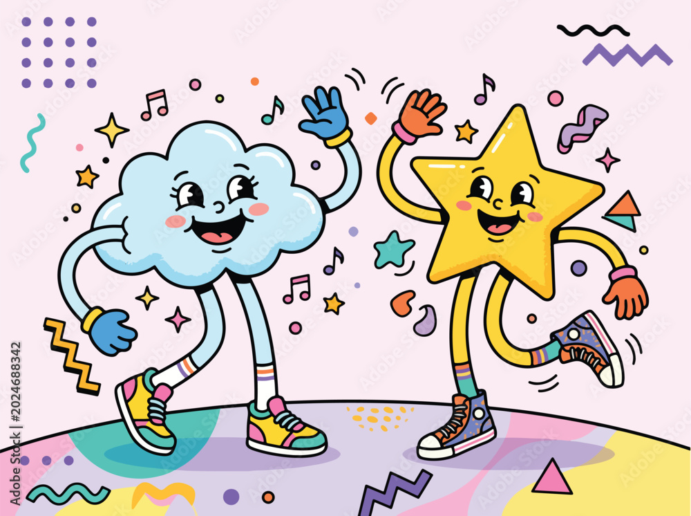 Fototapeta premium Cute retro cartoon characters in Memphis style, smiling cloud and star mascots with long arms and legs, wearing colorful shoes and gloves, playful funny expressions, bold outline, flat vector illustra