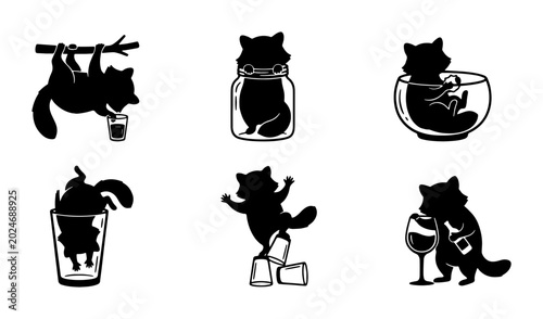 Fotografía Playful Raccoon Silhouette Vector Icons Set, Whimsical Animal Graphics for Fun D