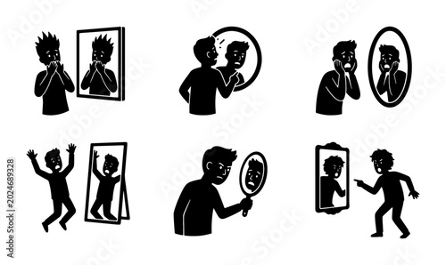 Schilderij op canvas Self-Reflection, Identity Crisis, and Personal Growth Icons Set: Silhouette Figu